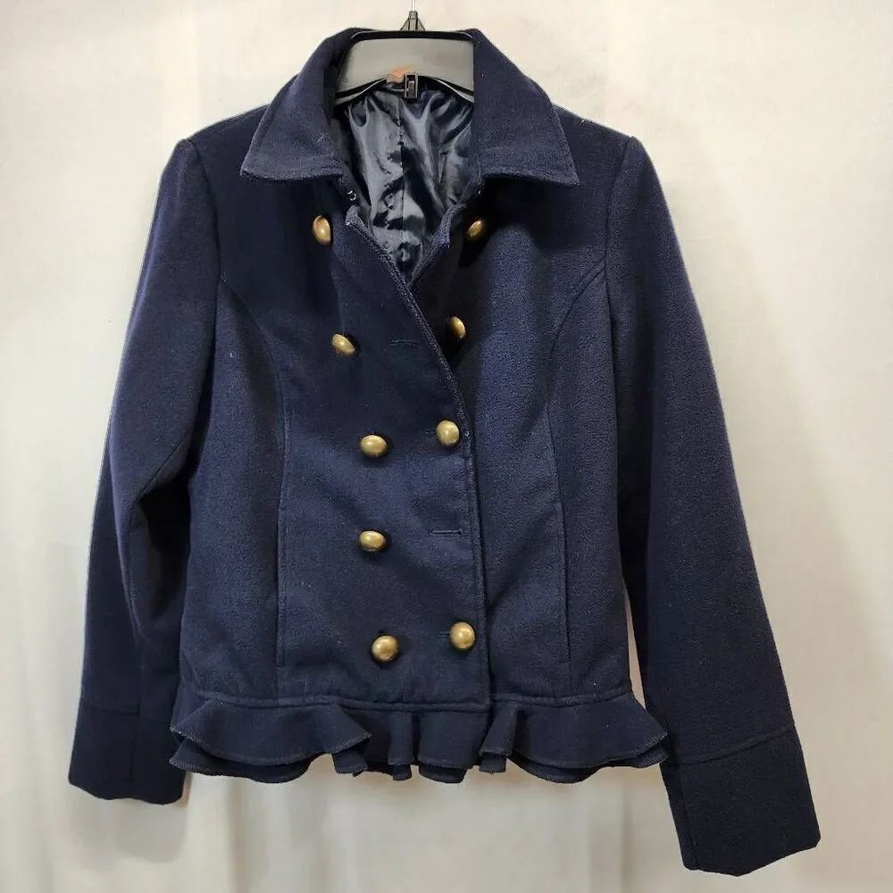 Prévue Navy Ruffle Hem Peacoat Jacket Medium Gold Button Double Breasted